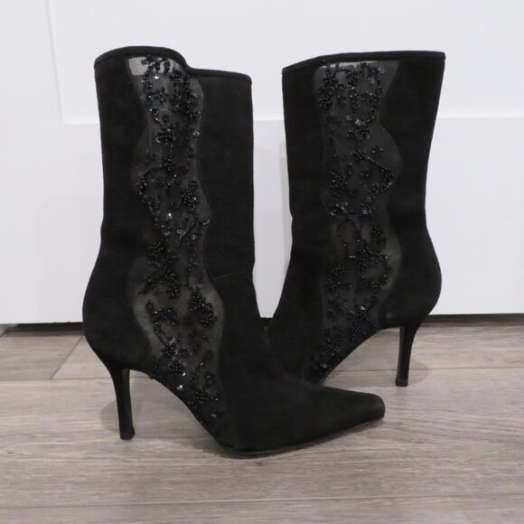 Stuart Weitzman Shoes - STUART WEITZMAN Black Suede Embellished Heeled Boots size 8